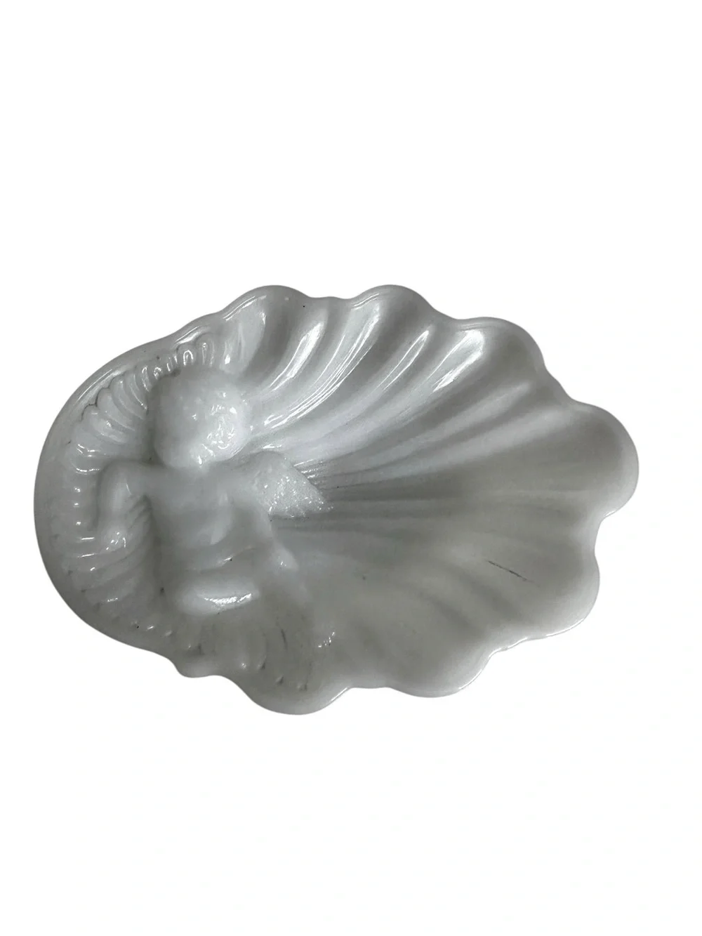 Vintage Avon White Milkglass Shell-Shaped Decorative Soap Dish with Cherub